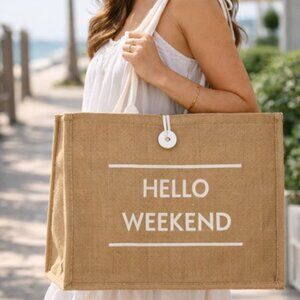CLEARANCE Hello Weekend Jute Tote Bag – Burlap Shoulder Bag with White Handle